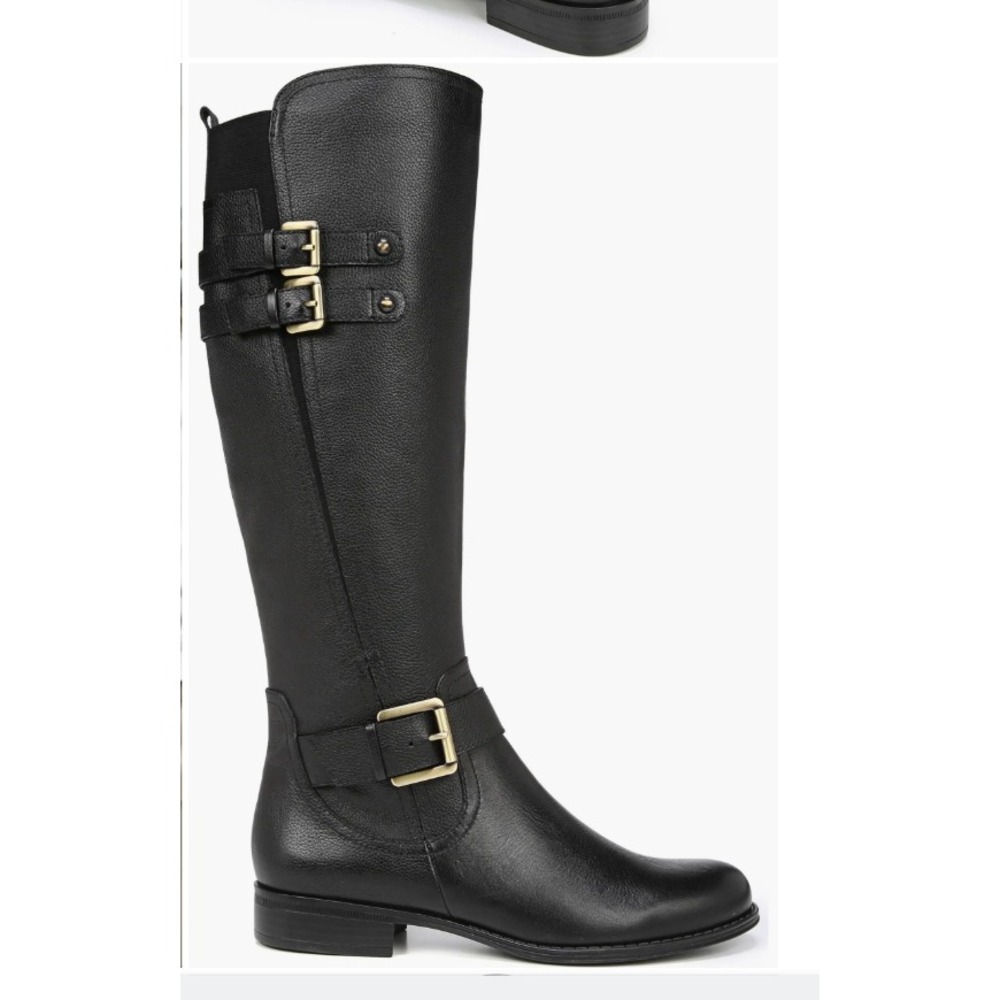 Naturalizer Knee High Riding Boots Black Pebbled Leather Buckle Womens 6.5M NEW
